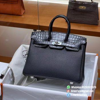 High Clone Birkin Handbag 25cm Black Nior 89 Togo Leather Silver Plaque 01