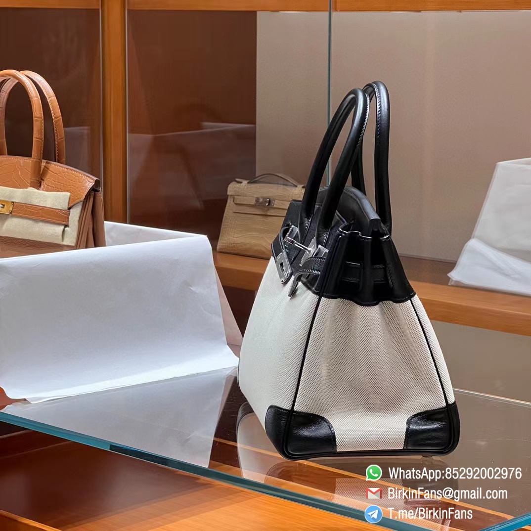 High Quality Twill Canvas Birkin 25 Tote Black Barenia Flap Silver Plaque 2 High Quality Twill Canvas Birkin 25 Tote Black Barenia Flap Silver Plaque 2