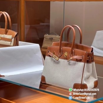 High Quality Twill Canvas Birkin 25 Tote Brown Barenia Flap Gold Plaque