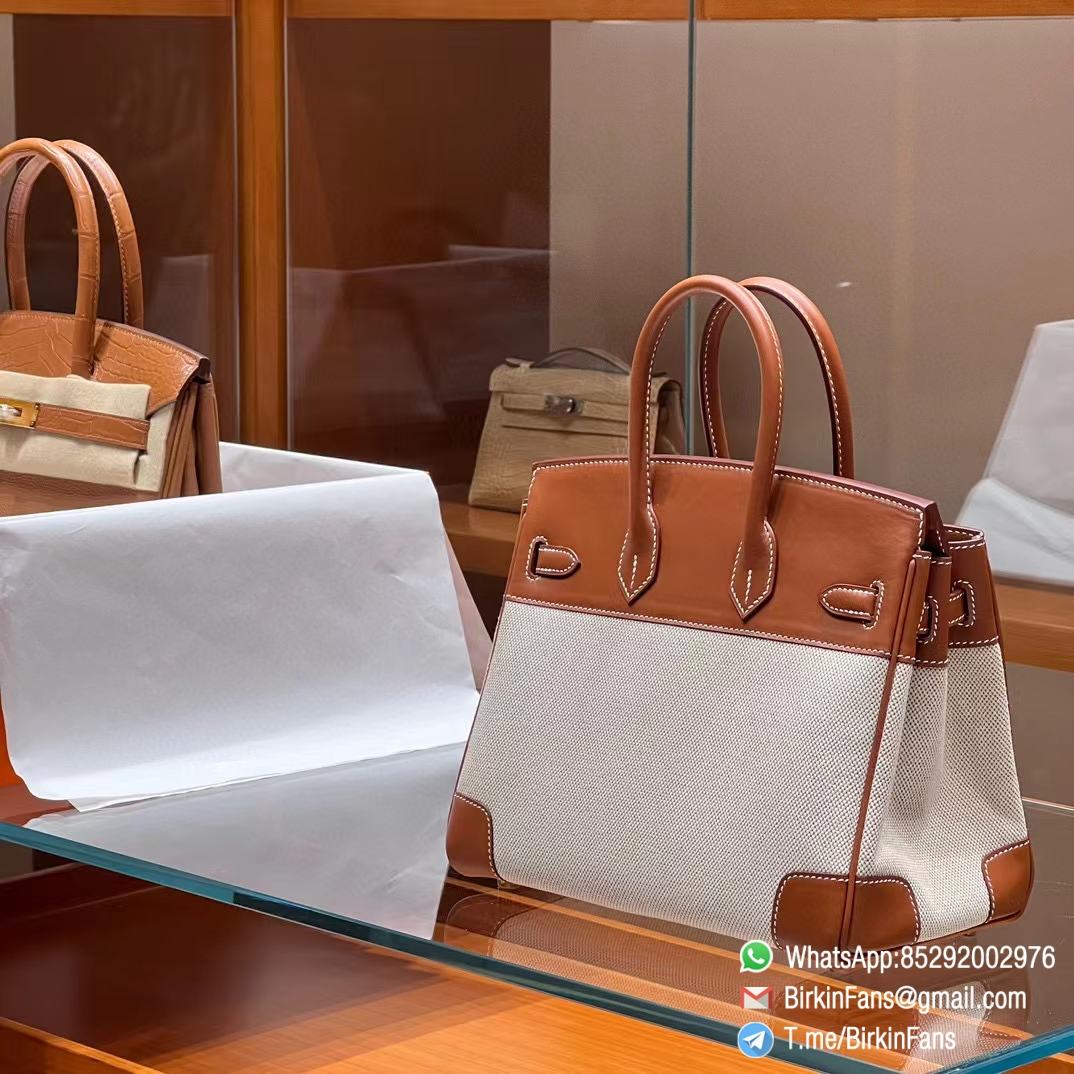 High Quality Twill Canvas Birkin 25 Tote Brown Barenia Flap Gold Plaque 1 High Quality Twill Canvas Birkin 25 Tote Brown Barenia Flap Gold Plaque 1