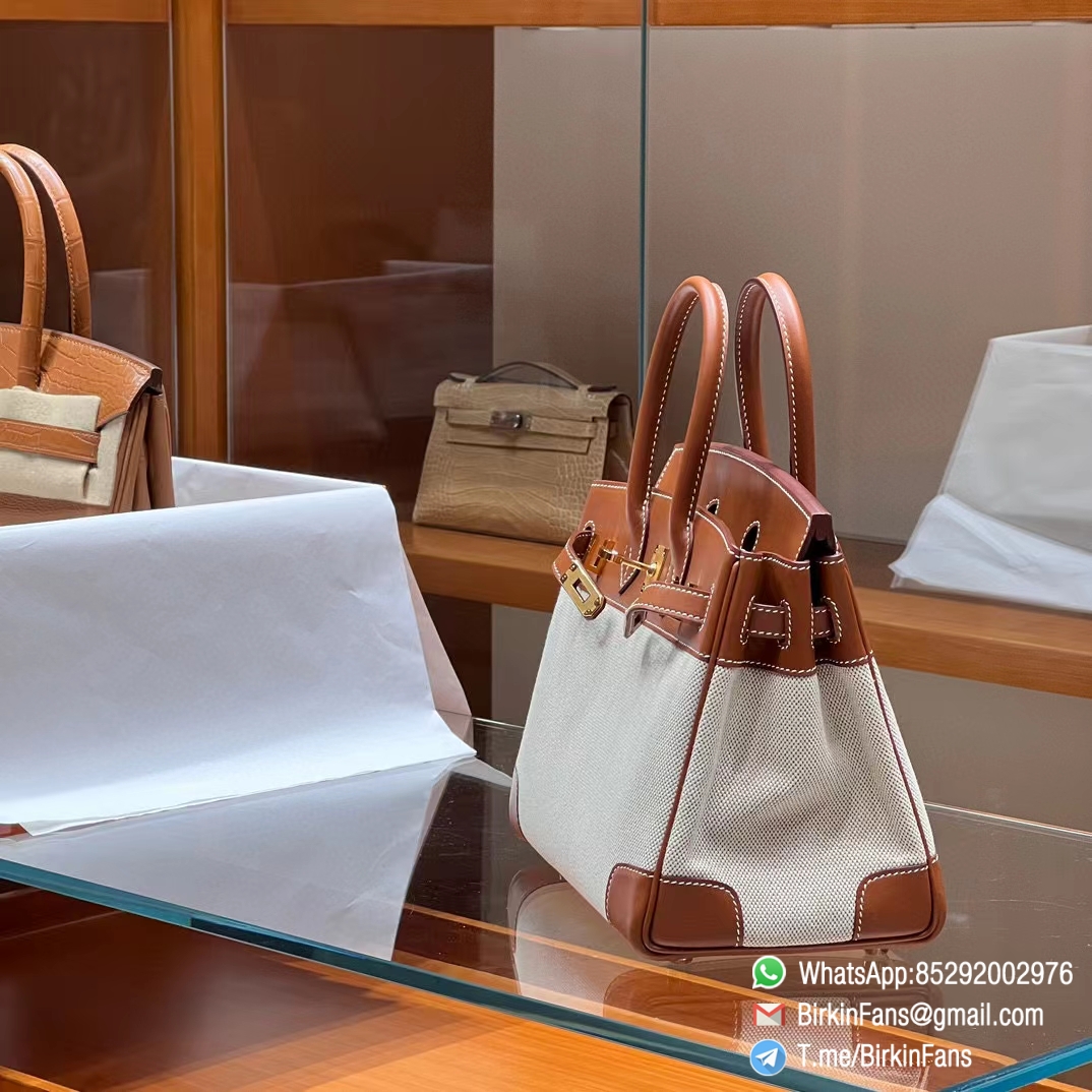 High Quality Twill Canvas Birkin 25 Tote Brown Barenia Flap Gold Plaque 2 High Quality Twill Canvas Birkin 25 Tote Brown Barenia Flap Gold Plaque 2