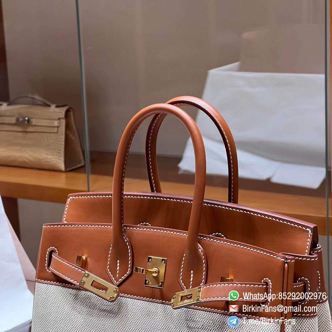 High Quality Twill Canvas Birkin 25 Tote Brown Barenia Flap Gold Plaque 4 High Quality Twill Canvas Birkin 25 Tote Brown Barenia Flap Gold Plaque 4