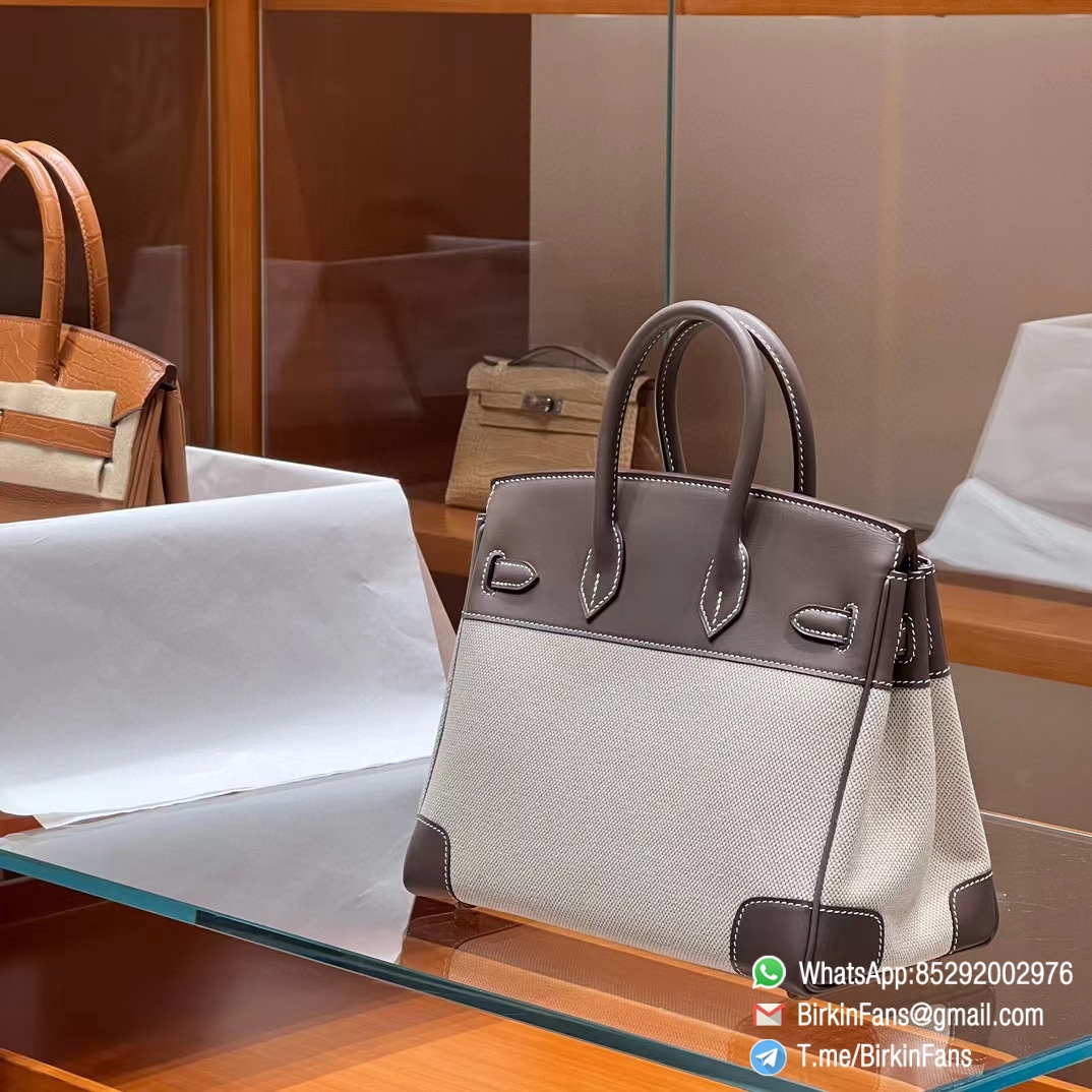 High Quality Twill Canvas Birkin 25 Tote Etoupe Grey Barenia Flap Gold Plaque 2 High Quality Twill Canvas Birkin 25 Tote Etoupe Grey Barenia Flap Gold Plaque 2