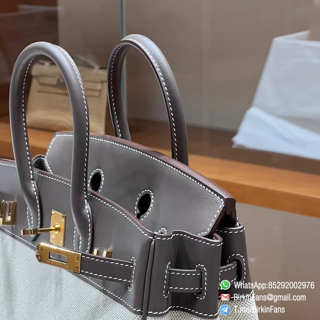 High Quality Twill Canvas Birkin 25 Tote Etoupe Grey Barenia Flap Gold Plaque 6 High Quality Twill Canvas Birkin 25 Tote Etoupe Grey Barenia Flap Gold Plaque 6