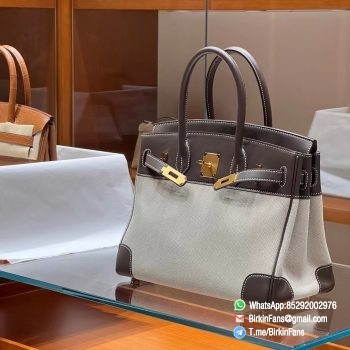 High Quality Twill Canvas Birkin 25 Tote Etoupe Grey Barenia Flap Gold Plaque 7