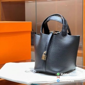 Premium Hermes Picotin Lock Bag 18cm Black Nior 89 Clemence with Crocodile Leather Handle Silver Hardware