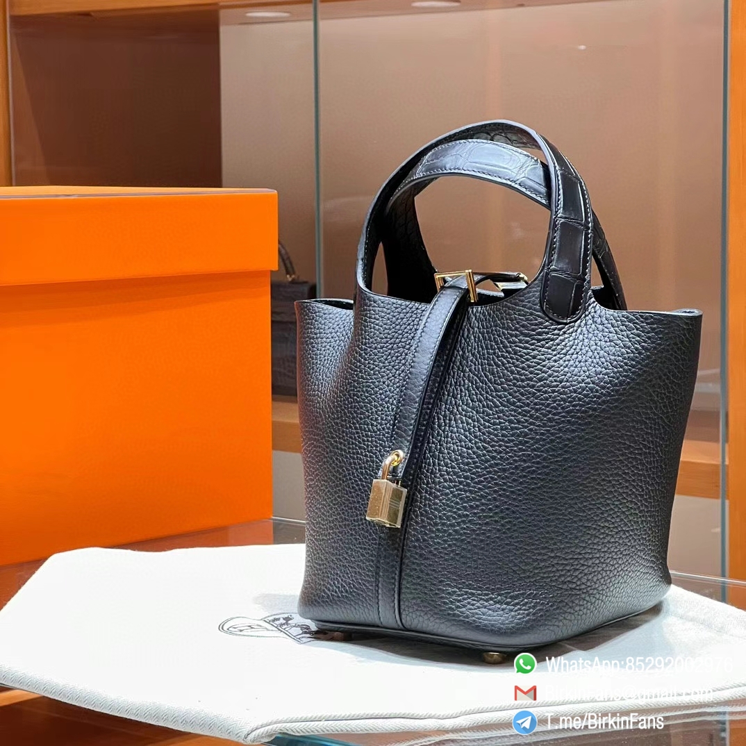 Premium Hermes Picotin Lock Bag 18cm Black Nior 89 Clemence with Crocodile Leather Handle Silver Hardware Premium Hermes Picotin Lock Bag 18cm Black Nior 89 Clemence with Crocodile Leather Handle Silver Hardware