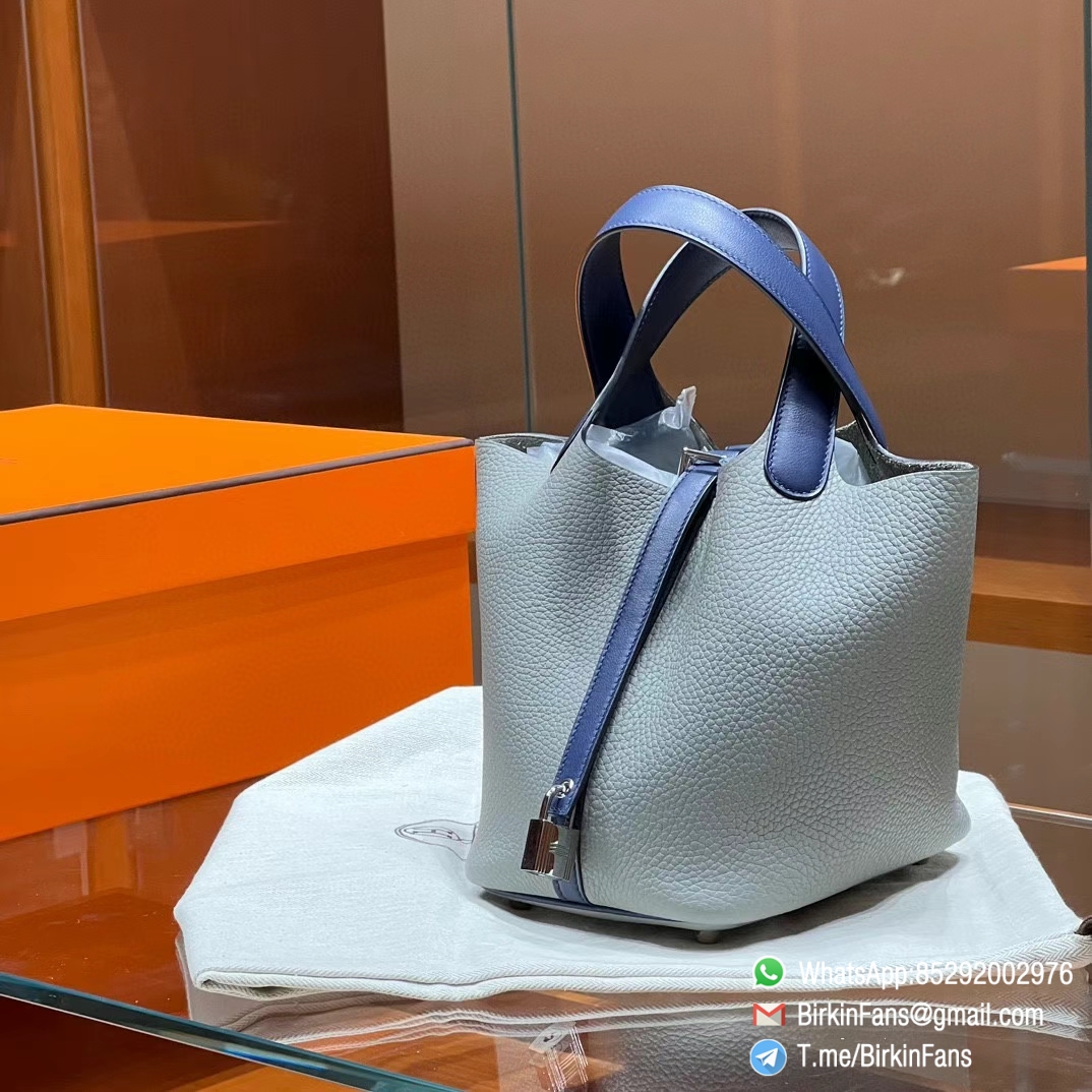 Premium Replica Hermes Bags Picotin Lock Bag 18cm Gris mouette 4Z Clemence Leather with Blue Handle Silver Hardware Premium Replica Hermes Bags Picotin Lock Bag 18cm Gris mouette 4Z Clemence Leather with Blue Handle Silver Hardware